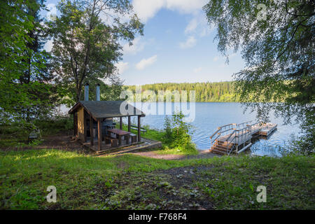 Pergolato per il riposo e la preparazione di pasto presso il lago nei boschi Foto Stock