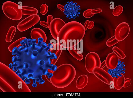 Una illustrazione concettuale di virus o batteri e cellule di sangue rosse Foto Stock
