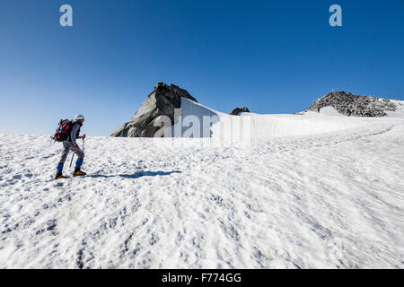 Alpinista sul vertice Schwarzenstein ridge, Alpi della Zillertal, Alto Adige, Trentino Alto Adige, Italia Foto Stock