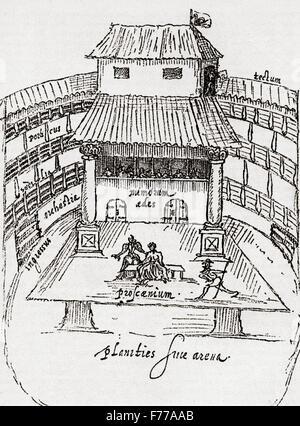 Una performance in corso sulla fase di spinta del Swan Theatre,Southwark, Londra, Inghilterra, nel 1595. Dopo un disegno contemporaneo da Giovanni de Witt. Foto Stock