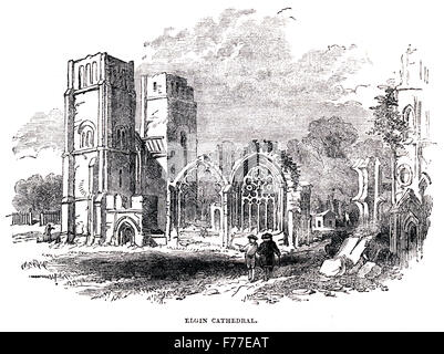 Una incisione di Elgin Cathedral scansionati ad alta risoluzione da un libro stampato nel 1852. Credeva di essere libera di tutti i diritti d'autore. Foto Stock
