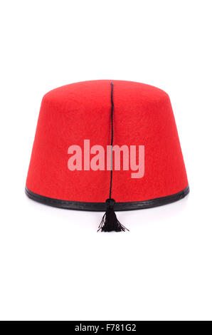 Red fez hat isolato sul bianco Foto Stock