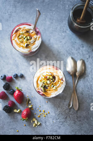 Estate bacche yogurt stolti dessert con il miele di grano saraceno. Foto Stock