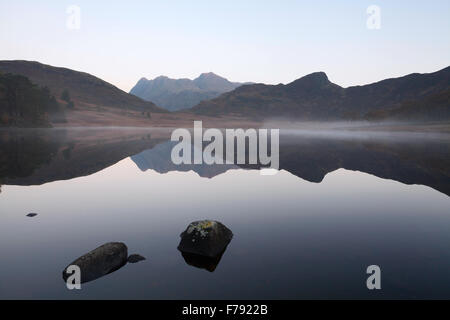 Una Veduta autunnale di The Langdale Pikes, preso all'alba da Blea Tarn nel Parco Nazionale del Distretto dei Laghi. Foto Stock