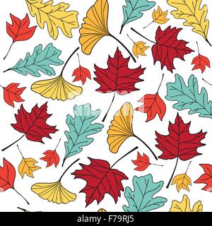Colorful autumn leaf disegnati a mano doodle illustrazione seemless pattern sfondo bianco Illustrazione Vettoriale