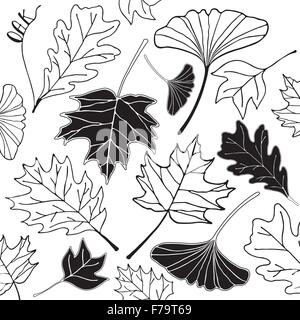 Autumn Leaf disegnati a mano doodle illustrazione linea nera su sfondo bianco Illustrazione Vettoriale