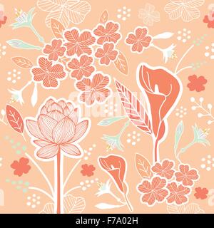 Fiore o fiori e foglie modello tessuto senza cuciture vettore schema colore pastello su Pastel Peach sfondo Illustrazione Vettoriale