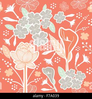 Fiore o fiori e foglie modello tessuto senza cuciture vettore schema colore pastello sul vecchio sfondo rosa Illustrazione Vettoriale