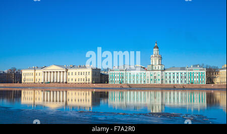 Paesaggio con fiume Neva costa, Accademia Russa delle Scienze e la Kunstkamera facciate Foto Stock