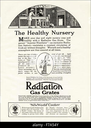 1920s annuncio. Annuncio datato 1923 pubblicità radiazione delle griglie del Gas & Nuovo Mondo cucine Foto Stock
