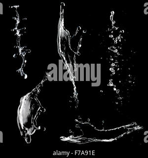 Gli spruzzi di acqua raccolta isolati su sfondo nero Foto Stock