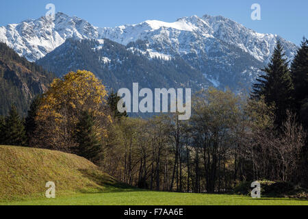 Hintersteiner Tal, Algovia innevate montagne dietro, autunno umore in Hinterstein, Allgau, Baviera, Germania Foto Stock