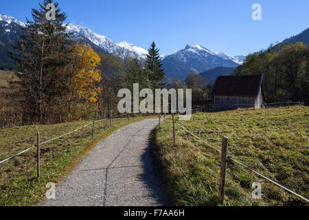 Percorso escursionistico vicino Hinterstein, Algovia innevate montagne dietro, autunno umore, Algovia, Baviera, Germania Foto Stock