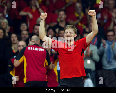 Gent, Belgio. 27 Novembre, 2015. Coppa Davis finale, Belgium-Great Gran Bretagna, primo match, David Goffin (BEL) jubilates dopo aver segnato il primo punto , Belgio conduce 1-0 Credito: Henk Koster/Alamy Live News Foto Stock