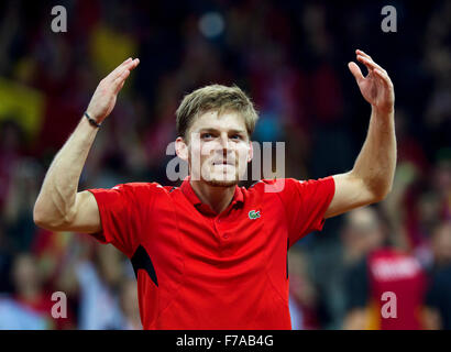 Gent, Belgio. 27 Novembre, 2015. Coppa Davis finale, Belgium-Great Gran Bretagna, primo match, David Goffin (BEL) jubilates dopo aver segnato il primo punto , Belgio conduce 1-0 Credito: Henk Koster/Alamy Live News Foto Stock