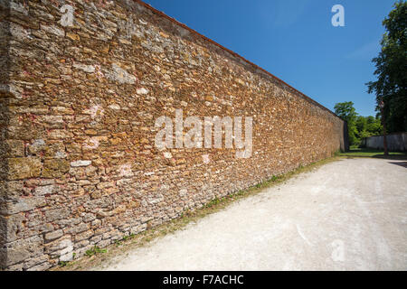 Il gritstone pareti esterne della vecchia prigione di Coulommiers (Francia). Mur en pierre meulière de l'ancienne prigione de Coulommiers. Foto Stock