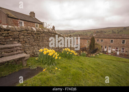 Vista pittoresca del villaggio di Reeth in Swaledale,North Yorkshire mostra case a schiera,hills,i muri di pietra e fiori Foto Stock