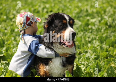 Little Boy e il suo cane - nell'abbraccio Foto Stock