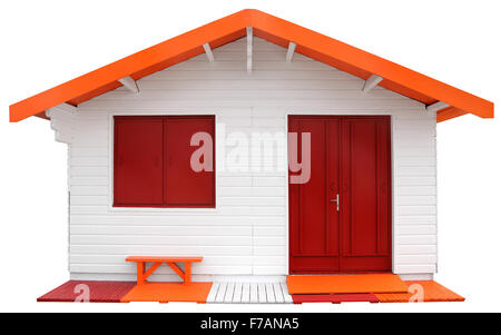 Legno casa prefabbricata isolato su sfondo bianco con tracciato di ritaglio Foto Stock