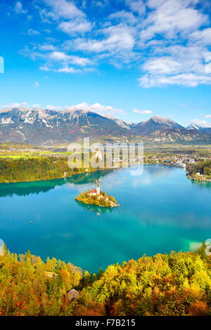 Il lago di Bled e sulle Alpi Giulie, Slovenia Foto Stock