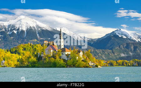 Il lago di Bled e sulle Alpi Giulie, Slovenia Foto Stock