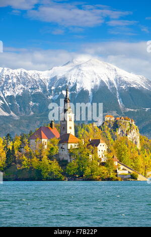 Il lago di Bled e sulle Alpi Giulie, il Parco Nazionale del Triglav, Slovenia Foto Stock