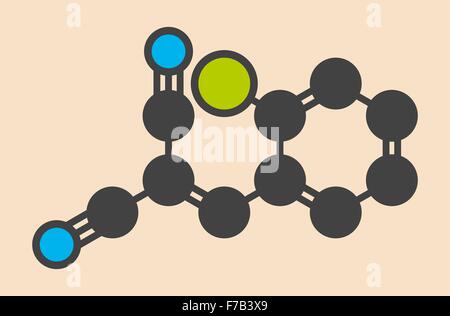 2-chlorobenzalmalononitrile gas lacrimogeni (gas CS) molecola. Stilizzata di scheletro di formula (struttura chimica). Gli atomi sono mostrati come Foto Stock