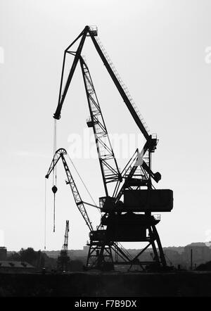 Sagome di industrial gru portuali. Danube River Coast in Bulgaria. In bianco e nero foto verticale Foto Stock