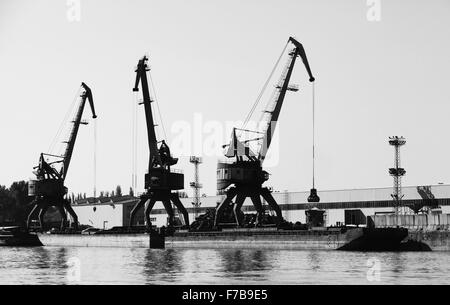 Sagome scure del porto industriale di gru. Danube River Coast, Bulgaria. Foto in bianco e nero Foto Stock