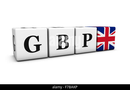 I tassi di cambio di mercato di scambio e di stock finanziari concetto con GBP Sterlina britannica segno di codice e Regno Unito bandiera su cubetti. Foto Stock