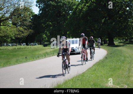 I ciclisti e auto passando attraverso il parco di Richmond, Londra Foto Stock