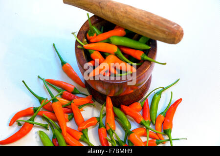 Rosso e peperoncini verdi con pestello di legno e di mortaio su sfondo bianco Foto Stock
