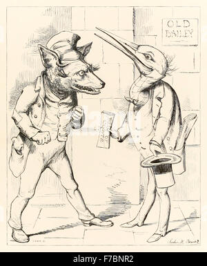 "Il lupo e la gru' da 'le fiabe di Esopo e altri tradotti nella natura umana illustrata da Charles H. Bennett (1828-1867), una gru volevano denaro per aiutare un lupo, che ha risposto non è fuga vivo abbastanza di pagamento? Morale: astensione dal danno è un furfante di magnanimità. Vedere la descrizione per maggiori informazioni. Foto Stock