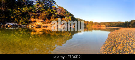 Billabong di acqua dolce in Australia NSW Royal National Park con spiaggia sabbiosa e riflettendo gum alberi di sunrise Foto Stock