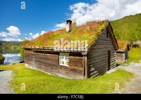 Vecchia casa con tetto in erba, Norvegia Foto Stock