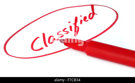 Classificato scritto in lettere rosse con segno penna Foto Stock