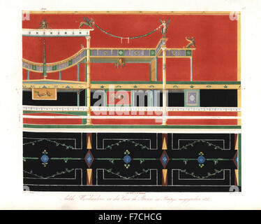 Trompe l'oeil dipinti a muro dalla casa del muro nero, Casa della parete nera o la Casa dei Bronzi, Pompei. Litografia Handcolored da Konter dopo una illustrazione di Wilhelm Zahn dal suo ornamento di tutti Arte Classica epoche, Ornamente aller klassischen Kunst-Epochen, Reimer, Berlino, 1834. Foto Stock