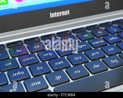 Il dominio internet concetto di comunicazione. Gli indirizzi del sito sui pulsanti della tastiera del notebook. 3d Foto Stock