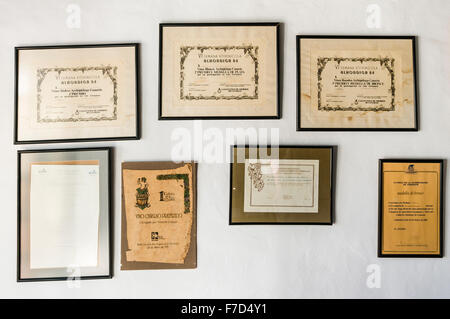 I certificati premio in cornici a El Grifo (I Griffin) vigneto, bodega e museum di San Bartolomé Lanzarote Foto Stock