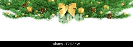 Natale ramo fir ornamento con golden bow, baubles, pigne isolato 3d rendering Foto Stock