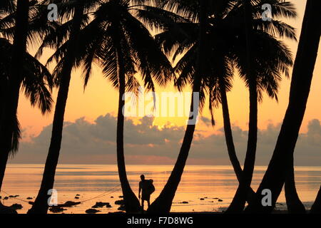 Un locale in spiaggia a sunrise circondato da alberi di noce di cocco con il giallo del cielo e del mare orizzonte in havelock Island Isole Andamane Foto Stock