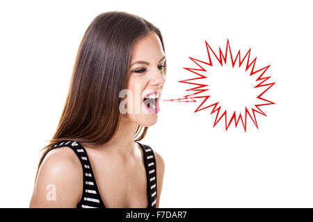 La donna grida con un discorso bolla. Foto Stock