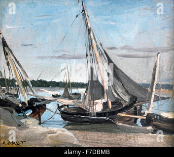 Trouville, bateaux de pêche échoués dans le chenal- Trouville, spiaggiata barche da pesca nel canale 1848 - 1875 Jean Baptiste Camille Corot 1796-1875 Francia - Francese Foto Stock