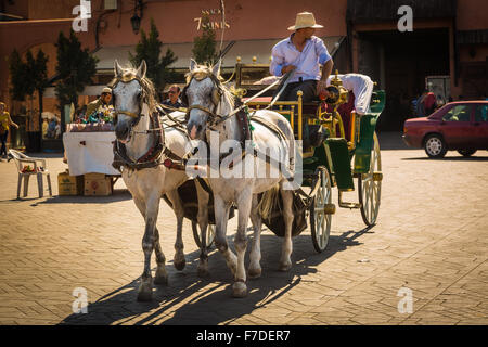 Carrozza per i turisti in piazza Jemaa el Fna a Marrakech Foto Stock