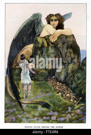 Nella mitologia greca, la sfinge era una mostruosa creatura alato con la testa di una femmina. Esso si è riunito ogni viaggiatore/visitatore cercando di inserire la città di Tebe e ha chiesto la persona a rispondere a un indovinello (ciò che cammina su quattro zampe quando è giovane, due in come un adulto e tre come una persona anziana - Risposta - umano). La morte è stata la ricompensa di tutti coloro che non è riuscita a rispondere. Edipo ha risposto alla domanda, come si vede qui con la sfinge e gli scheletri di coloro che non e stato in grado di inserire Tebe. Edipo è stato il mitico re di Tebe. Foto Stock