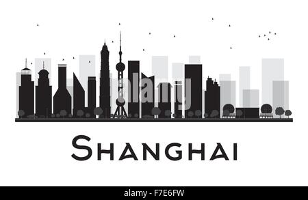 Shanghai skyline della città in bianco e nero la silhouette. Illustrazione Vettoriale. Concetto per il turismo presentazione, banner, cartellone o web Illustrazione Vettoriale