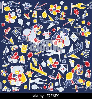 Modello di bambino con il giocattolo carino elementi. Illustrazione Vettoriale. Concetto con orsacchiotto di peluche per bambini carta, tessuto o sito web. Illustrazione Vettoriale