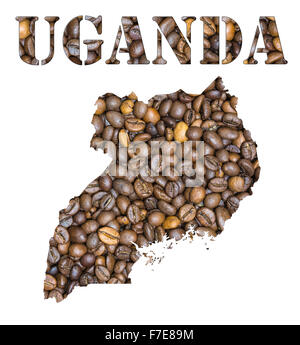 Roasted Brown i chicchi di caffè lo sfondo con la forma della parola in Uganda e il paese mappa geografica contorno. Immagine isolata Foto Stock