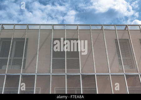 Architettura contemporanea caratterizzata da materiali arrugginiti e pannelli di acciaio. Foto Stock