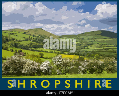 Un poster in stile illustrazione da una fotografia della speranza Bowdler sulle colline vicino a Church Stretton in primavera, Shropshire, Inghilterra, Regno Unito Foto Stock